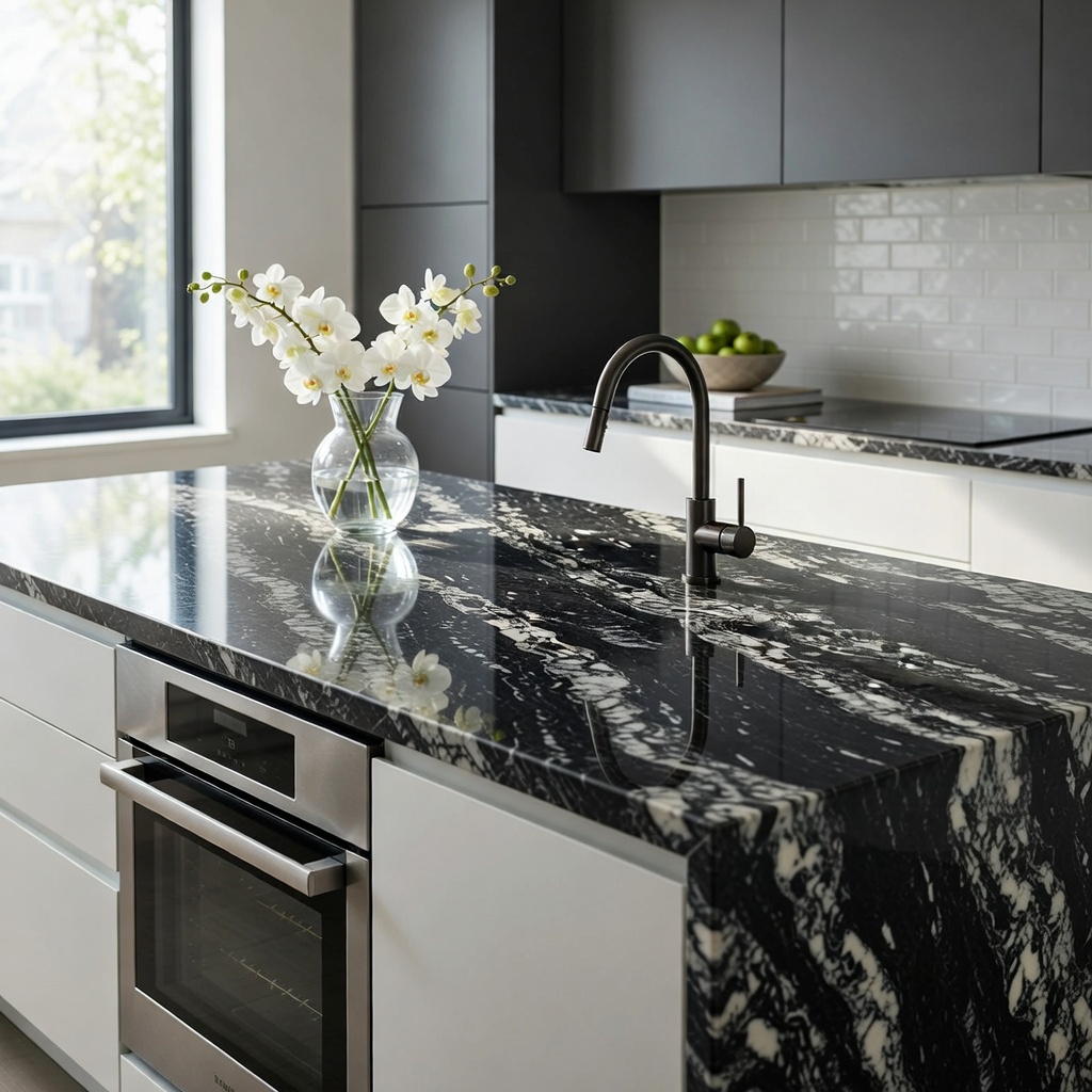 Black Forest quartz kitchen island worktop in black with white veins, featuring white orchids, black faucet, green apples, and built-in oven in a bright modern kitchen