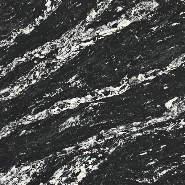 Zoomed-in detail of Black Forest quartz pattern, featuring black quartz with dynamic white swirls and veins