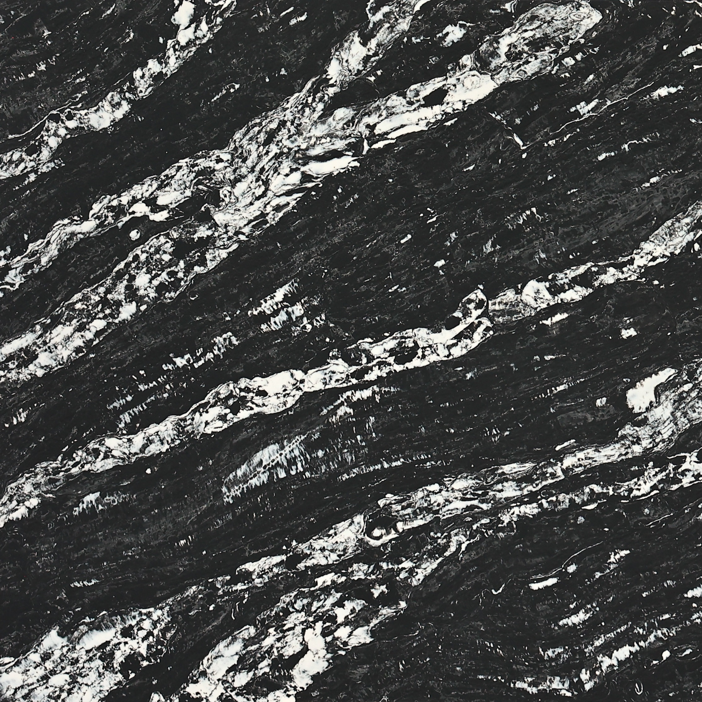 Zoomed-in detail of Black Forest quartz pattern, featuring black quartz with dynamic white swirls and veins