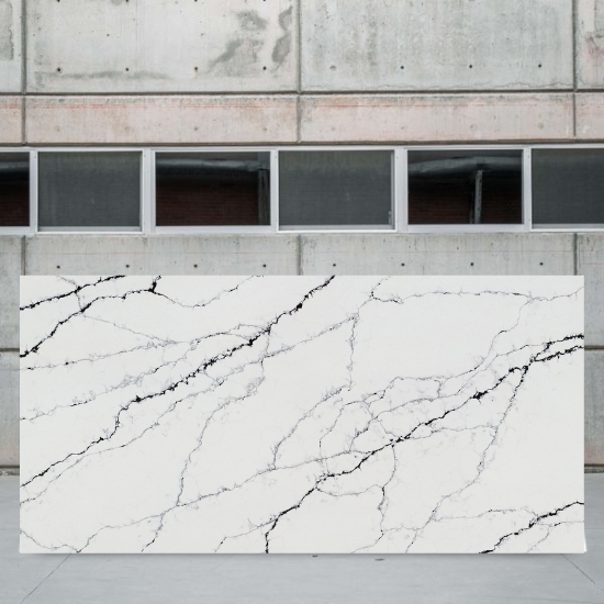 Full slab of Calacatta Black quartz in white with intricate black veins, displayed against a concrete wall in a warehouse setting from the Essex Quartz Collection