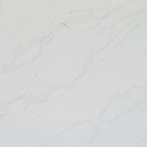 Detailed close-up of Calacatta Gold Leather quartz texture, white base with subtle gold-tinted grey veins in a Calacatta pattern