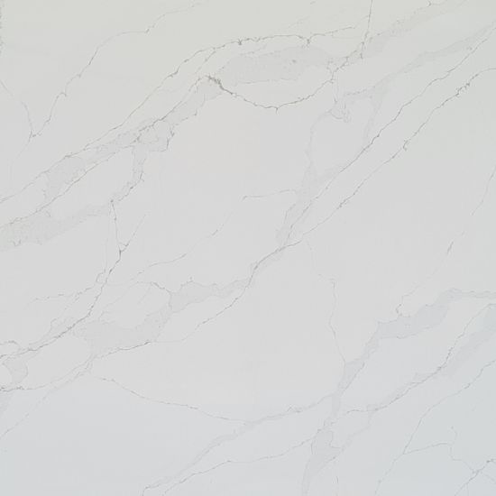 Detailed close-up of Calacatta Gold Leather quartz texture, white base with subtle gold-tinted grey veins in a Calacatta pattern