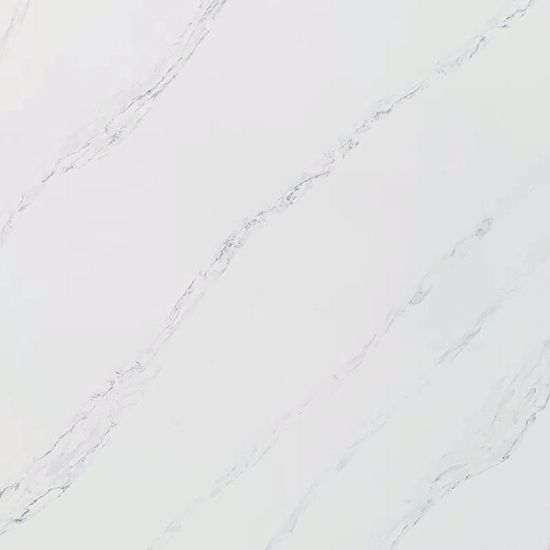 High-resolution close-up of Calacatta Ophelia quartz texture, white base with flowing grey veins in a Calacatta marble pattern