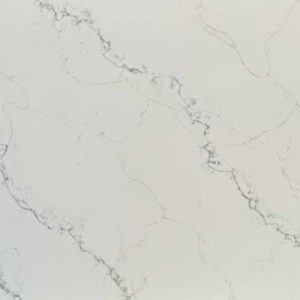 Close-up texture of Calacatta Verde quartz in white with subtle grey veins forming elegant pattern