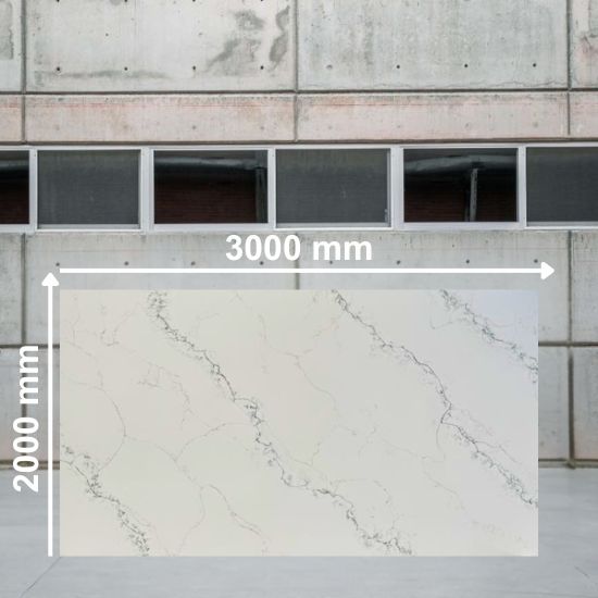 Full slab of Calacatta Verde quartz measuring 3000 mm by 2000 mm, white with subtle grey veins, in a warehouse environment