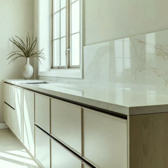 Calacatta Verde quartz kitchen worktop in white with grey veins, including sink, potted plant, and natural window light in a minimalist kitchen