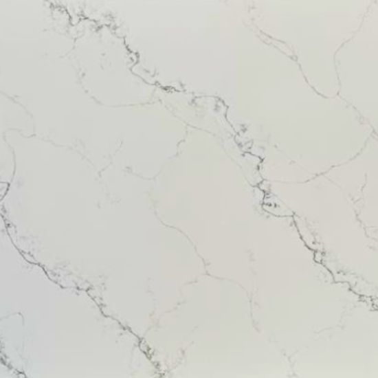 Close-up texture of Calacatta Verde quartz in white with subtle grey veins forming elegant pattern