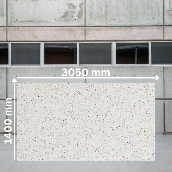 Large slab of Quartzforms Terrazzo Gritti quartz measuring 3050 mm by 1400 mm, white base with dense multicoloured specks, displayed in warehouse setting