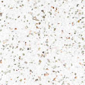 High-resolution close-up texture of Quartzforms Terrazzo Gritti quartz, white base densely speckled with grey black beige and copper chips in terrazzo pattern