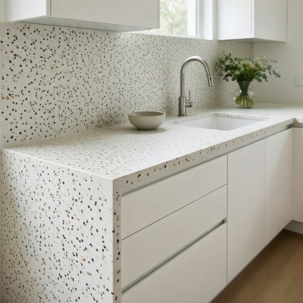 Quartzforms Terrazzo Gritti quartz kitchen worktop and backsplash in white with multicoloured specks, featuring undermount sink, chrome faucet and white cabinets in a bright modern kitchen