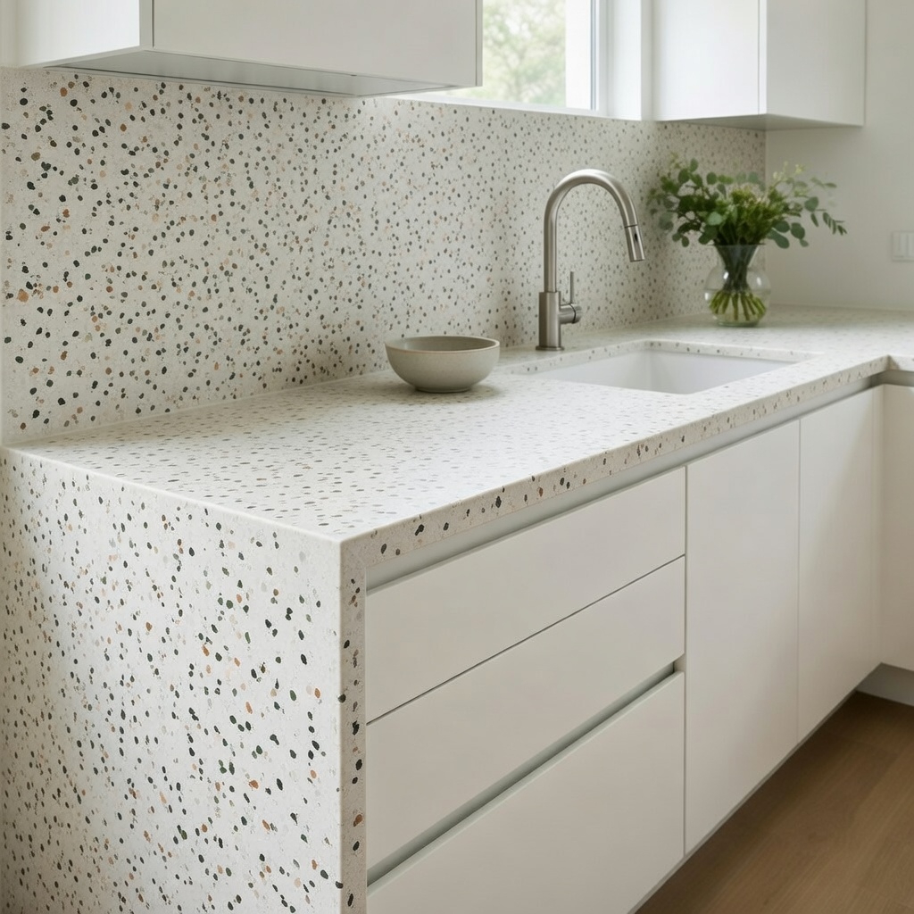 Quartzforms Terrazzo Gritti quartz kitchen worktop and backsplash in white with multicoloured specks, featuring undermount sink, chrome faucet and white cabinets in a bright modern kitchen