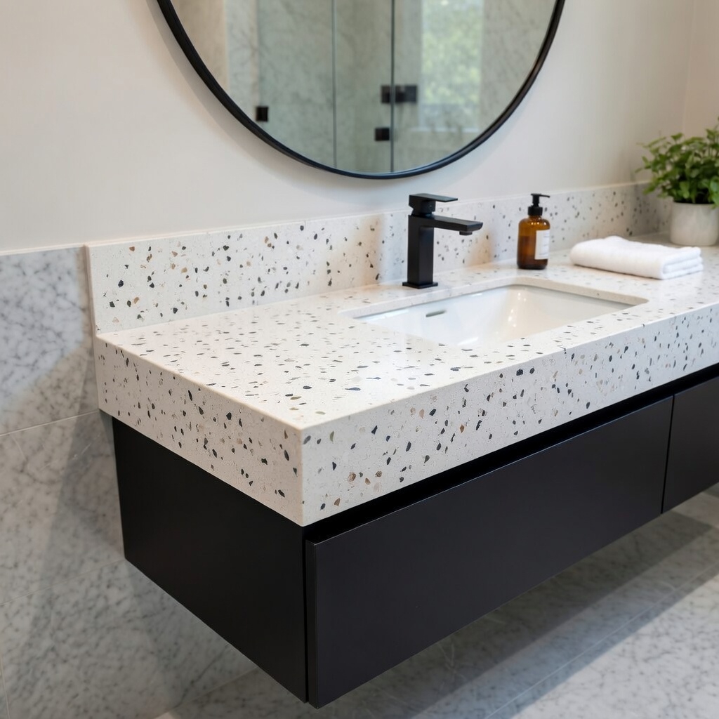 Quartzforms Terrazzo Gritti quartz bathroom vanity top in white with multicoloured specks, featuring black cabinet, white sink, black faucet and round mirror in a modern bathroom
