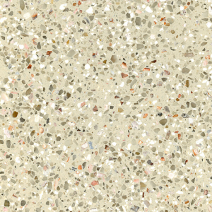 High-resolution close-up texture of Quartzforms Terrazzo Goldoni quartz, light cream base densely speckled with grey beige pink and copper chips in terrazzo pattern