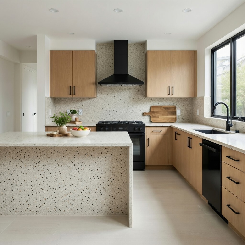 Quartzforms Terrazzo Goldoni quartz kitchen island and worktops in light cream with multicoloured specks, featuring light wood cabinets, black range hood and modern kitchen layout