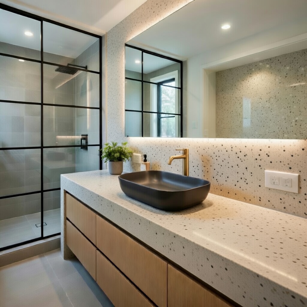 Quartzforms Terrazzo Goldoni quartz bathroom vanity top in light cream with multicoloured specks, featuring black vessel sink, gold faucet, wood drawers and glass shower in modern bathroom