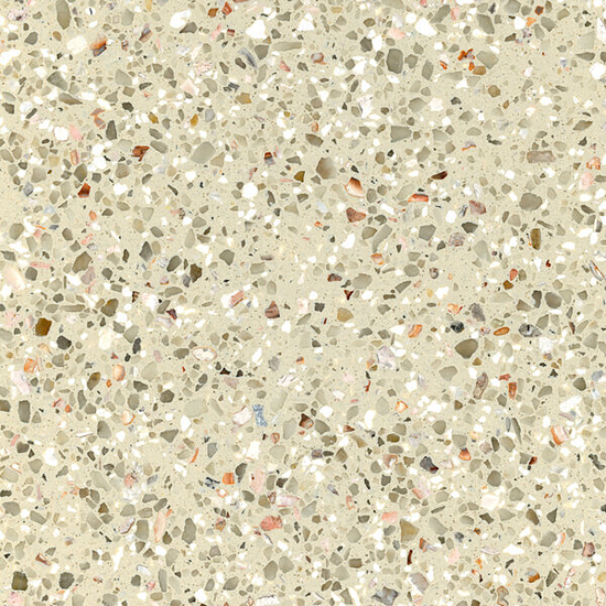 High-resolution close-up texture of Quartzforms Terrazzo Goldoni quartz, light cream base densely speckled with grey beige pink and copper chips in terrazzo pattern