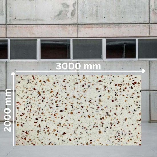 Full slab of Venezia quartz measuring 3000 mm by 2000 mm, cream with brown and beige specks, displayed in a warehouse setting