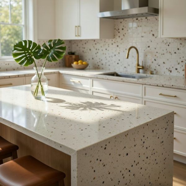 Venezia quartz kitchen island in cream with terrazzo specks, adorned with monstera plant in vase, gold faucet, lemons, and leather bar stools in a light-filled kitch