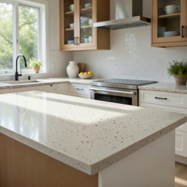 Close-up of Venezia quartz island countertop in cream with multicolored flecks, under sunlight in a modern kitchen with white cabinets and oven