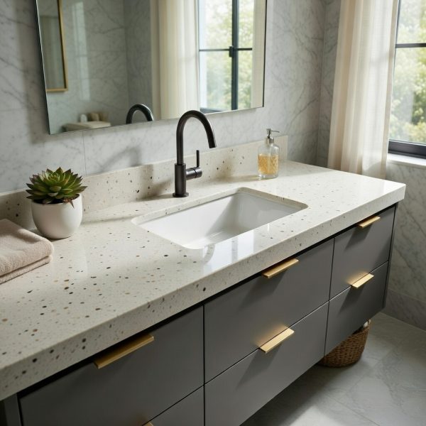 Venezia quartz bathroom vanity top in cream with brown specks, including black faucet, white sink, succulent plant, towel, and soap dispenser in a modern bathroom