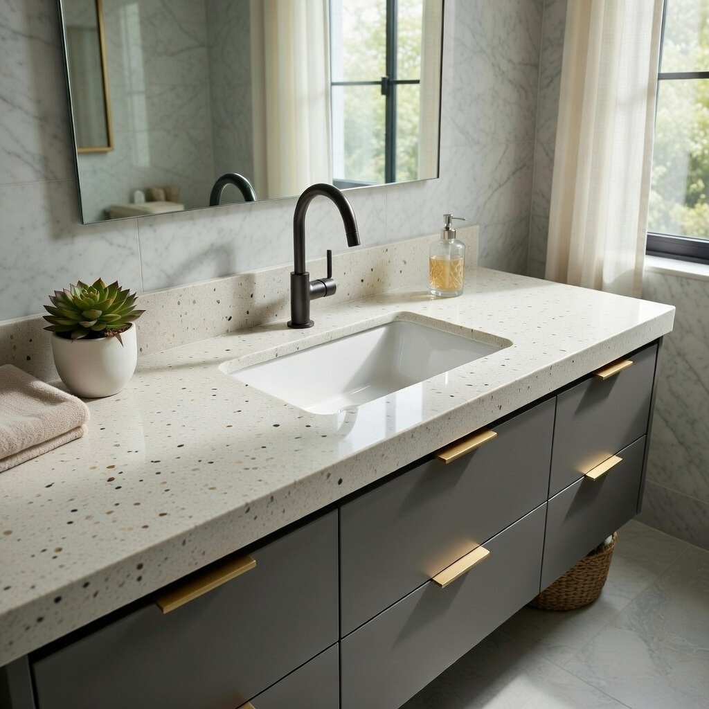 Venezia quartz bathroom vanity top in cream with brown specks, including black faucet, white sink, succulent plant, towel, and soap dispenser in a modern bathroom