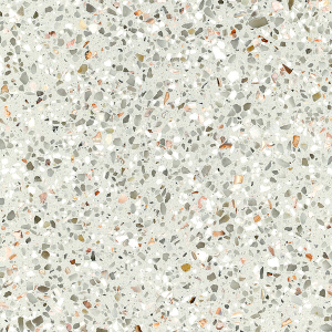 High-resolution close-up texture of Quartzforms Terrazzo Casanova quartz, cream base densely speckled with grey beige pink and copper chips in a terrazzo pattern