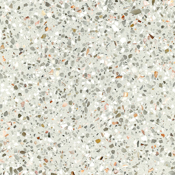 High-resolution close-up texture of Quartzforms Terrazzo Casanova quartz, cream base densely speckled with grey beige pink and copper chips in a terrazzo pattern