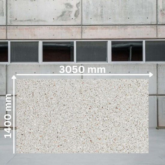 Large slab of Quartzforms Terrazzo Casanova quartz measuring 3050 mm by 1400 mm, cream base with dense multicoloured grey beige pink and copper specks in terrazzo pattern, displayed in warehouse setting