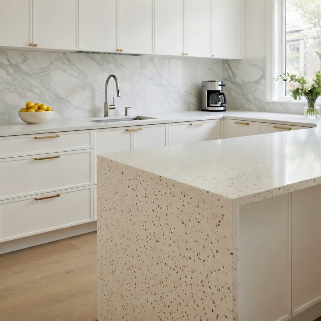 uartzforms Terrazzo Casanova quartz kitchen island in cream base with multicoloured grey beige pink and copper specks, paired with white cabinets, marble backsplash, sink and fresh flowers in a bright modern kitchen