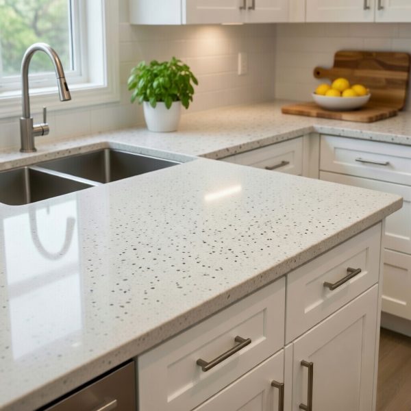 Close-up of Quartzforms Terrazzo Casanova quartz worktop in cream with multicoloured specks, showing double undermount sink, chrome faucet, basil plant and lemon bowl in a bright kitchen