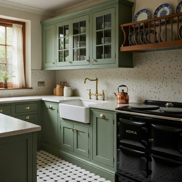Quartzforms Terrazzo Casanova quartz worktop and backsplash in cream with multicoloured specks, paired with sage green cabinets, white farmhouse sink and brass fittings in a classic country kitchen