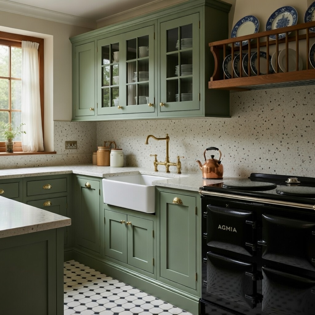 Quartzforms Terrazzo Casanova quartz worktop and backsplash in cream with multicoloured specks, paired with sage green cabinets, white farmhouse sink and brass fittings in a classic country kitchen