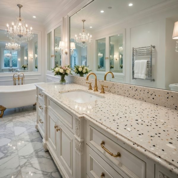 Quartzforms Terrazzo Casanova quartz bathroom vanity top in cream with multicoloured specks, featuring white sink, gold faucets, crystal chandelier and marble floor in a luxurious bathroom