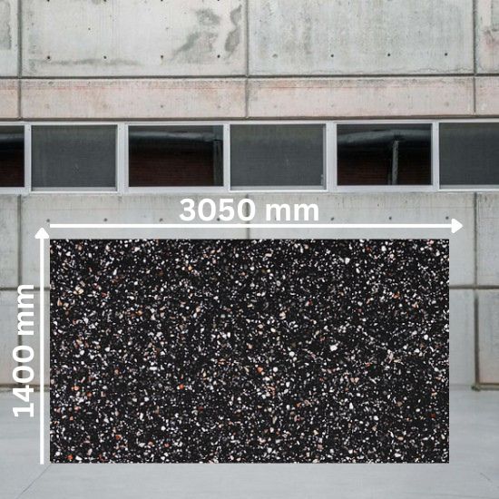 arge slab of Quartzforms Terrazzo Doge quartz measuring 3050 mm by 1400 mm, deep black with dense white pink and copper specks in terrazzo pattern, displayed in warehouse