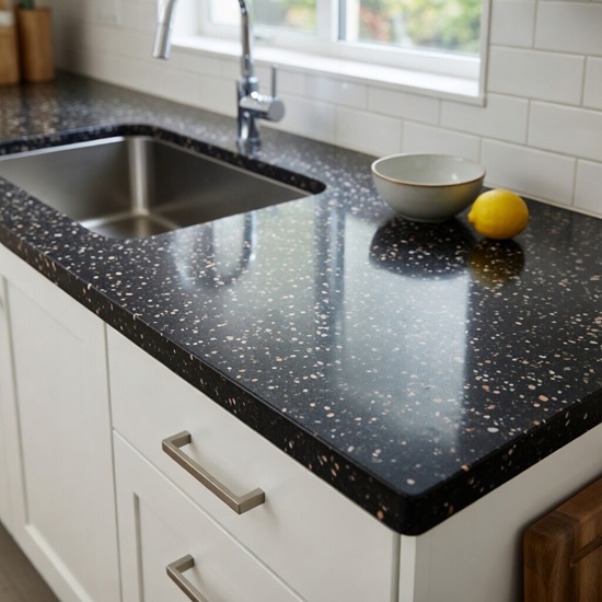 uartzforms Terrazzo Doge quartz kitchen worktop in deep black with white pink and copper specks, featuring stainless steel sink, chrome faucet, ceramic bowl and lemon in a bright kitchen
