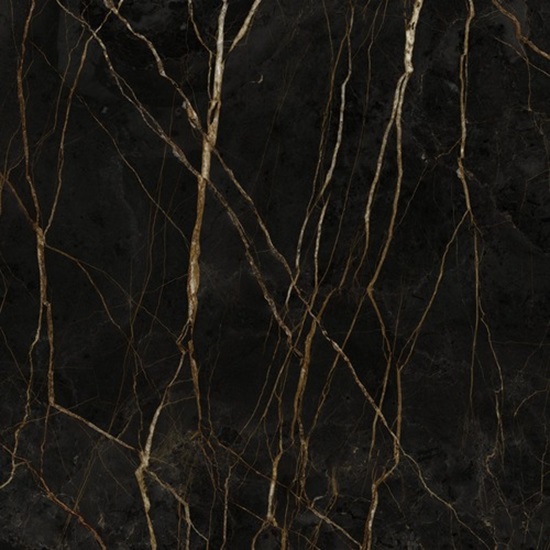 lose-up texture of Techlam St. Laurent sintered stone showing deep black base with dramatic gold veins"
