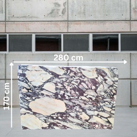 Large slab of Arabescato Viola Marble measuring 280 cm by 170 cm, dramatic purple breccia pattern with white cream and pink fragments, displayed in warehouse setting