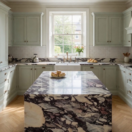 Arabescato Viola Marble kitchen island and worktops in dramatic purple breccia pattern with white cream and pink fragments, paired with sage green cabinets and white farmhouse sink in a bright country kitchen