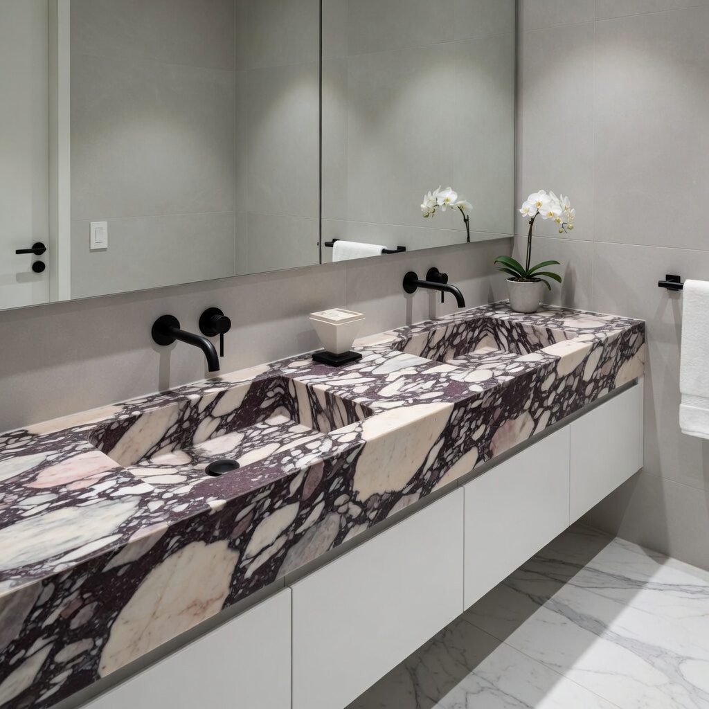 Arabescato Viola Marble bathroom vanity in dramatic purple and white breccia pattern, featuring double sinks, black matte faucets, white cabinets and white orchids in a modern luxury bathroom