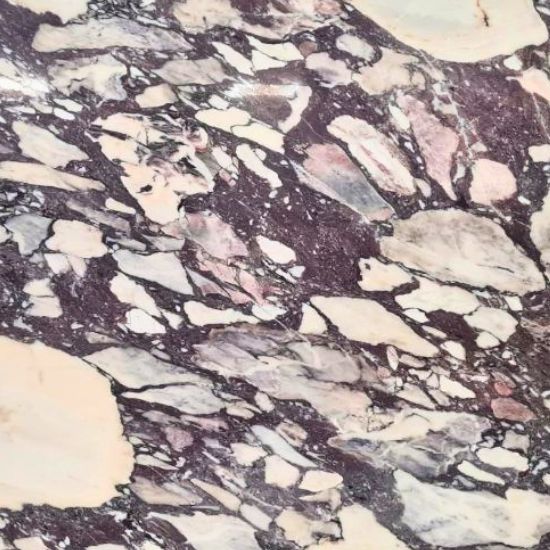 High-resolution close-up texture of Arabescato Viola Marble showing dramatic purple, mauve, pink, cream and white breccia pattern with bold dark veins