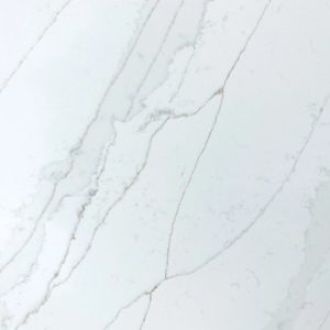High-resolution close-up texture of Calacatta Gold Giant Quartz, brilliant white base with elegant grey and gold veins in classic Calacatta marble pattern