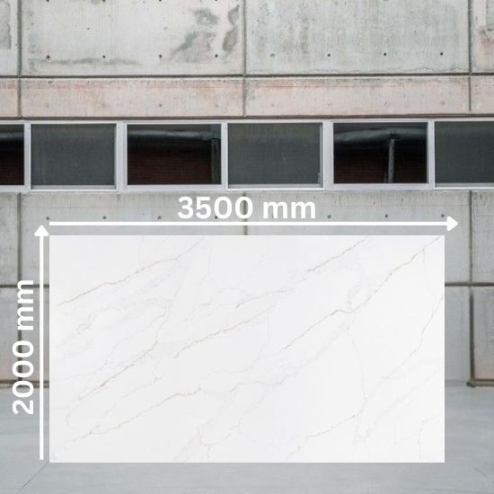 Giant slab of Calacatta Gold Giant Quartz measuring 3500 mm by 2000 mm, brilliant white base with grey and gold veins in Calacatta marble pattern, displayed in warehouse setting