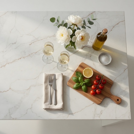 Calacatta Gold Giant Quartz tabletop in brilliant white with grey and gold veins, styled with white flowers, wine glasses, olive oil, salt and fresh produce in a bright elegant setting