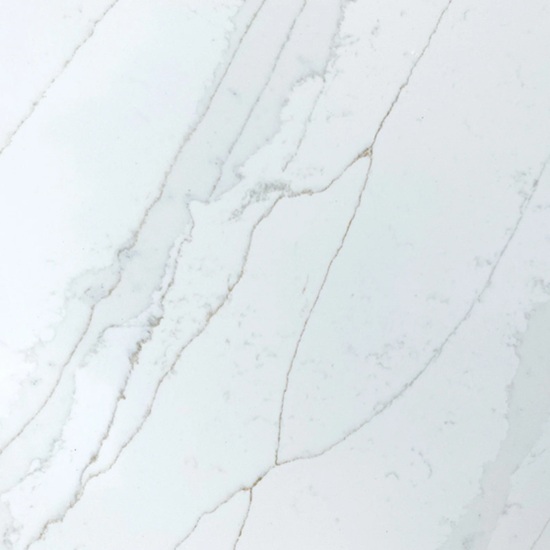 High-resolution close-up texture of Calacatta Gold Giant Quartz, brilliant white base with elegant grey and gold veins in classic Calacatta marble pattern