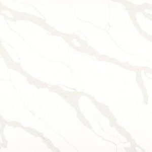 High-resolution close-up texture of Calacatta Oro Giant Quartz, bright white base with soft flowing grey veins in elegant Calacatta marble pattern