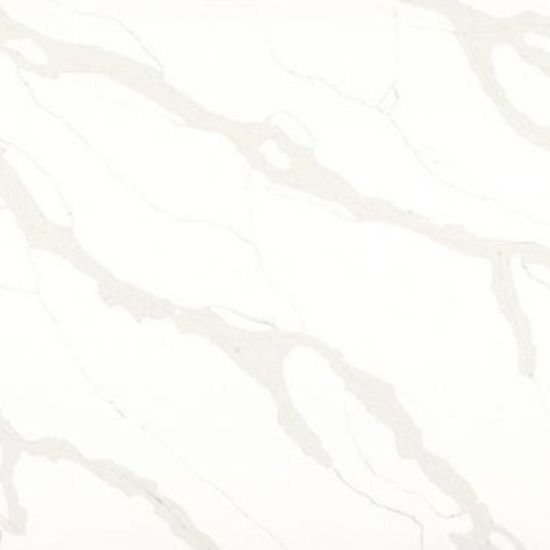 High-resolution close-up texture of Calacatta Oro Giant Quartz, bright white base with soft flowing grey veins in elegant Calacatta marble pattern