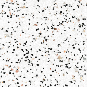 High-resolution close-up texture of Quartzforms Terrazzo Fenice quartz, bright white base densely speckled with black grey pink and copper chips in terrazzo pattern