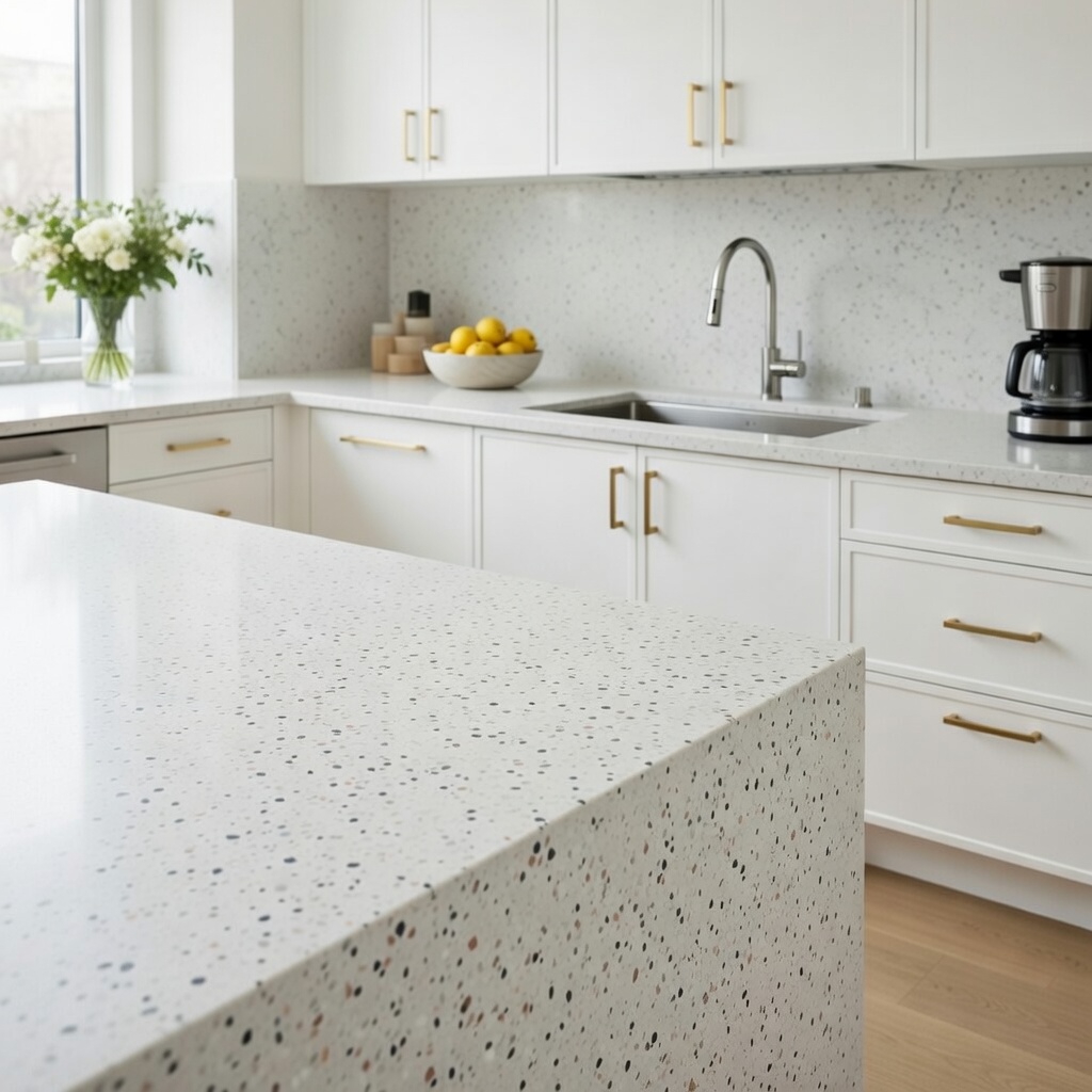 Quartzforms Terrazzo Fenice quartz kitchen island and worktops in bright white with black grey pink and copper specks, featuring white cabinets, gold handles, stainless steel sink and coffee maker in a bright modern kitchen