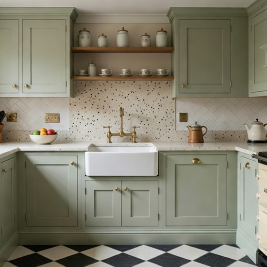 Quartzforms Terrazzo Fenice quartz kitchen worktop and backsplash in bright white with black grey pink and copper specks, paired with sage green cabinets, white farmhouse sink and brass faucet in a country-style kitchen