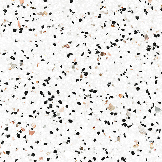 High-resolution close-up texture of Quartzforms Terrazzo Fenice quartz, bright white base densely speckled with black grey pink and copper chips in terrazzo pattern